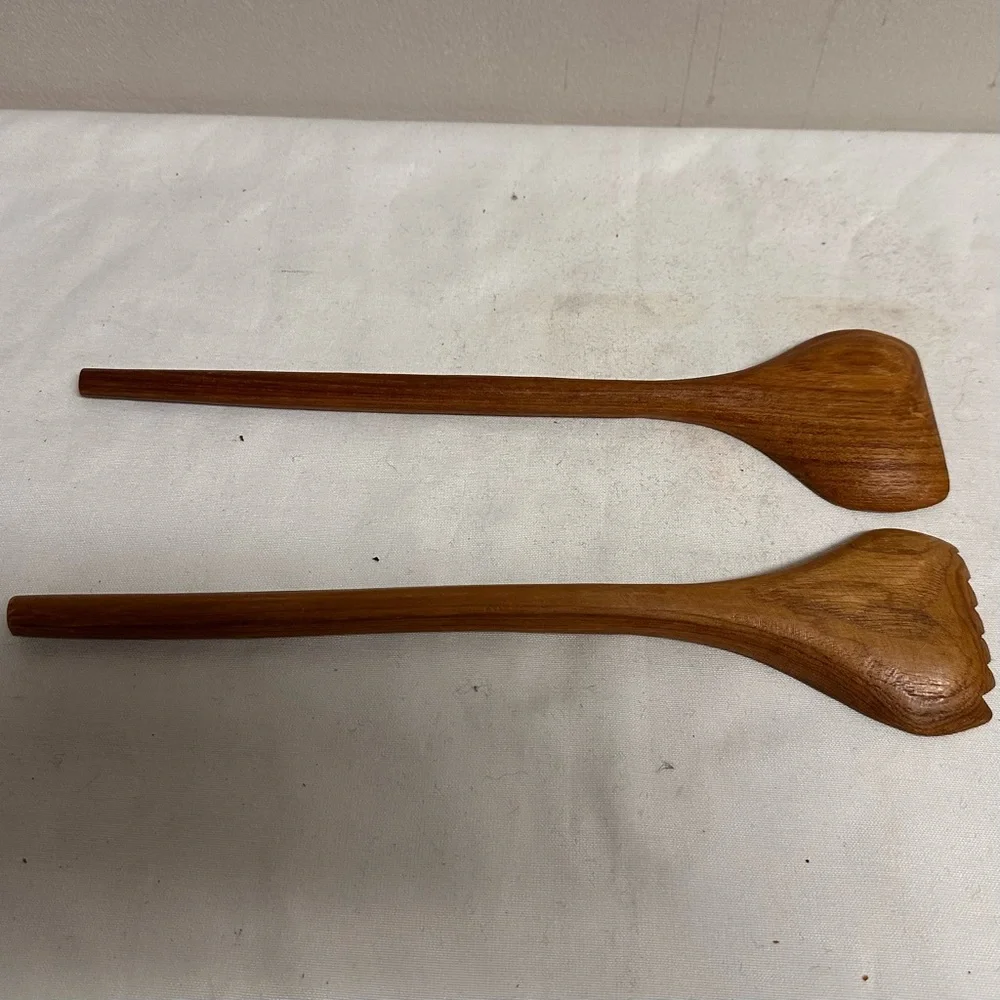 Mid Century Scuptural Teak  Wood Salad Serving Utensils, Fork and Spoon